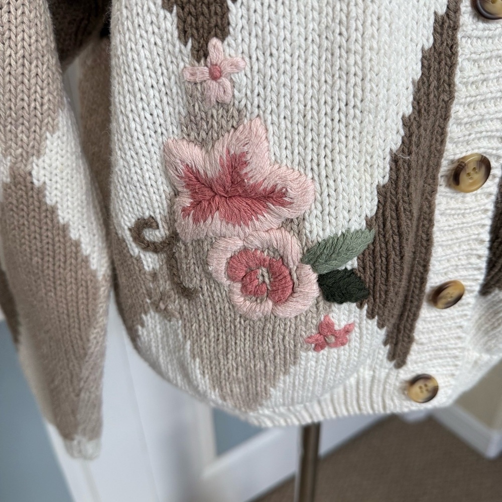 MILANO DESIGN GROUP Cardigan Womens Size M Argyle Floral Button Front Vintage - Picture 6 of 10